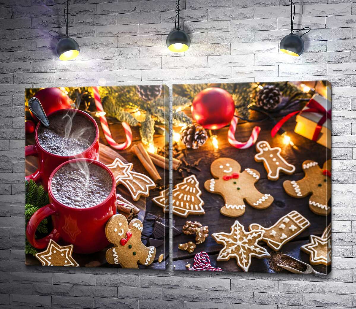 модульная картина Рождественская атмосфера: имбирные пряники и две чашки какао возле елки