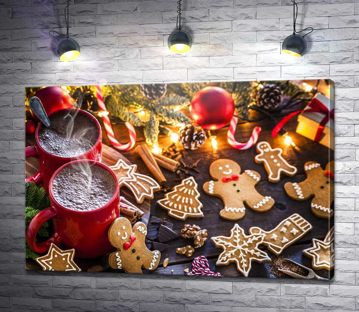 картина Рождественская атмосфера: имбирные пряники и две чашки какао возле елки