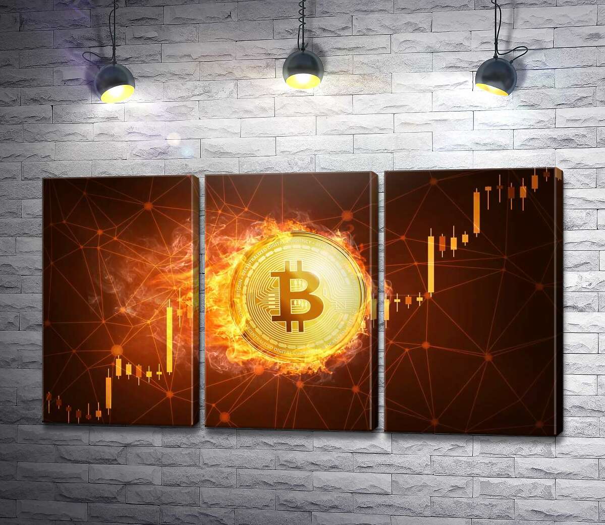 модульная картина Огненный биткоин на фоне графика роста