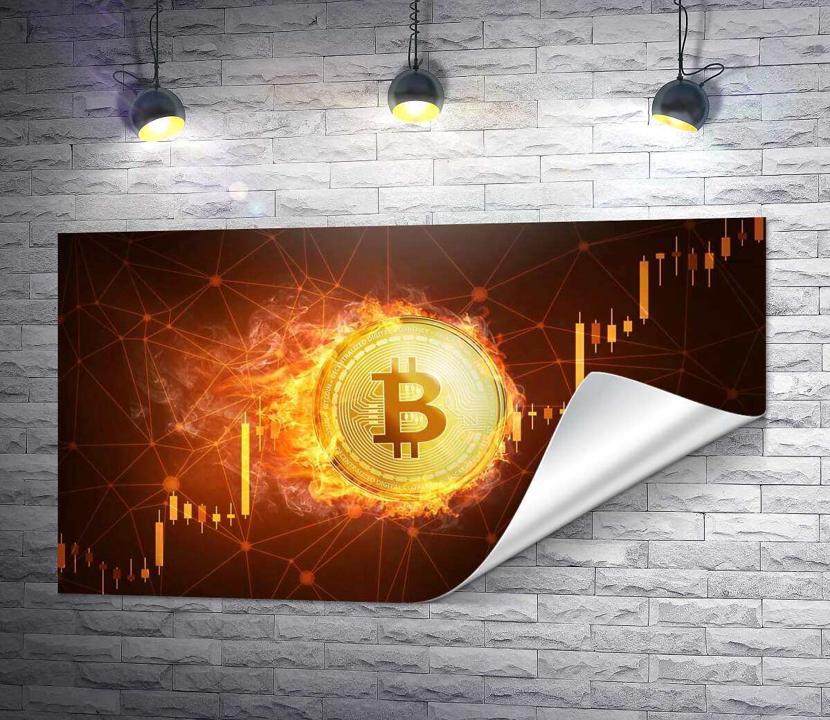 печать Огненный биткоин на фоне графика роста