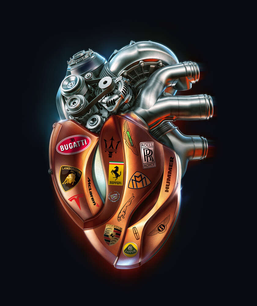 картина-постер Сердце-мотор с наклейками брендов люксовых авто