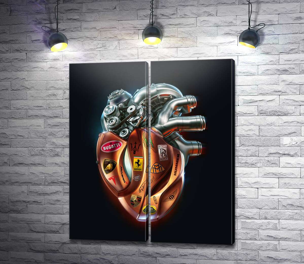 модульная картина Сердце-мотор с наклейками брендов люксовых авто