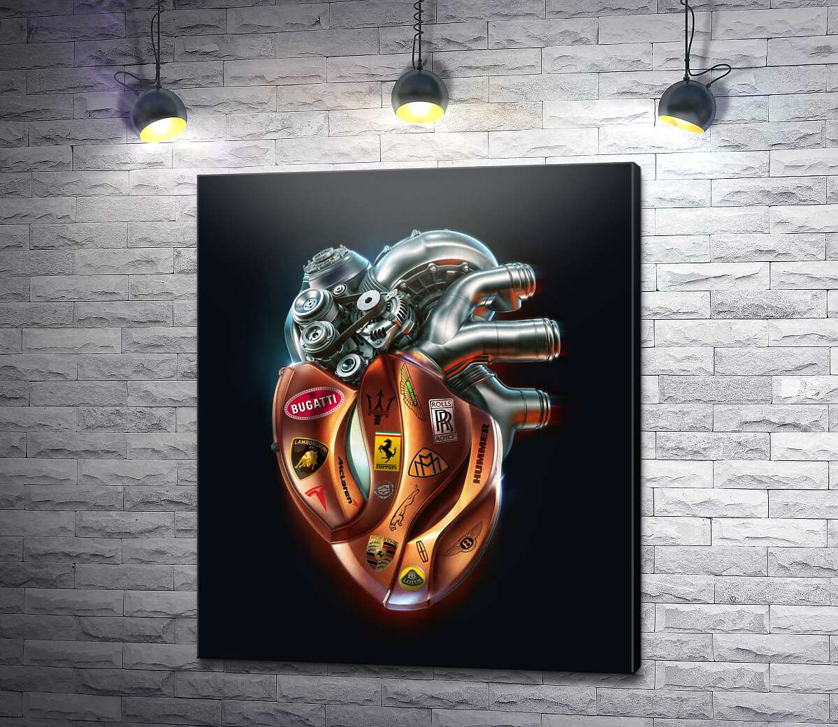 картина Сердце-мотор с наклейками брендов люксовых авто