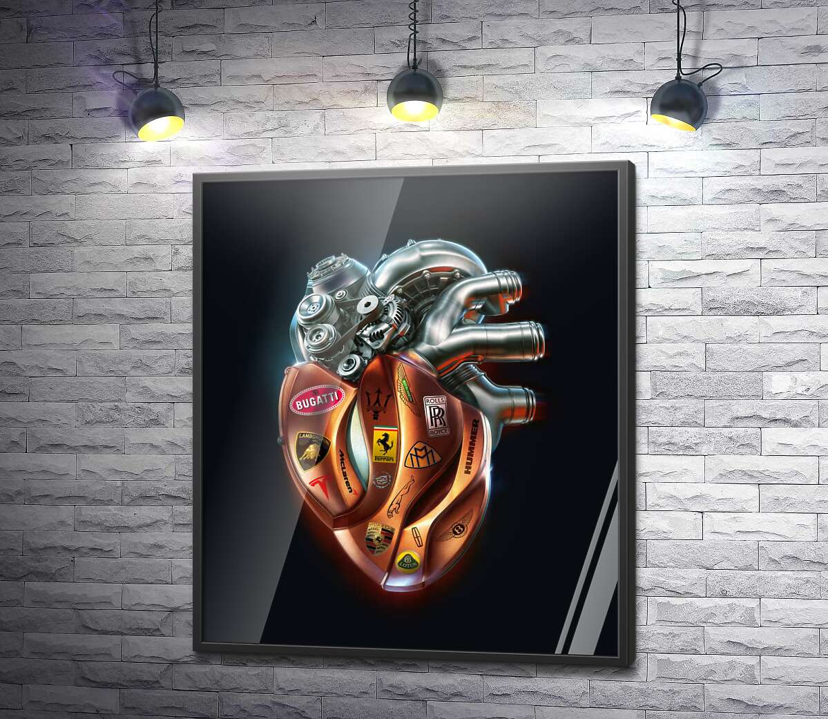 постер Серце-мотор з наклейками брендів люксових авто