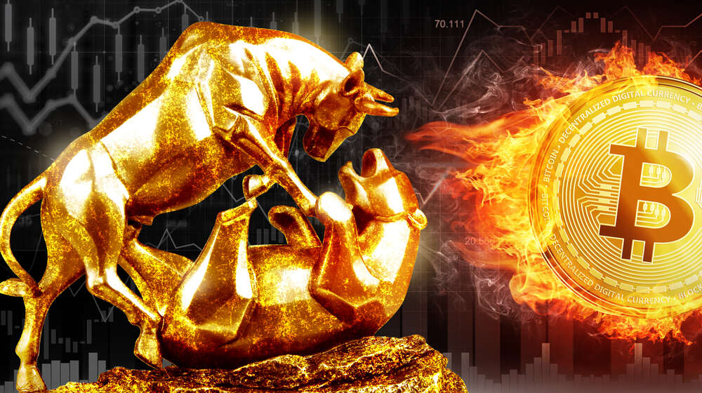 картина-постер Огненный биткоин: борьба быков и медведей