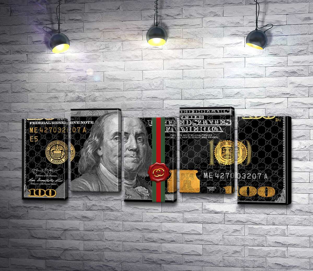 модульная картина Золотые 100 долларов в стиле Gucci (Модуль №30)