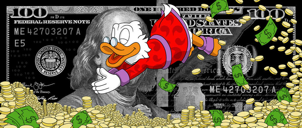 картина-постер Скрудж Макдак ныряет в монеты на фоне 100 долларов