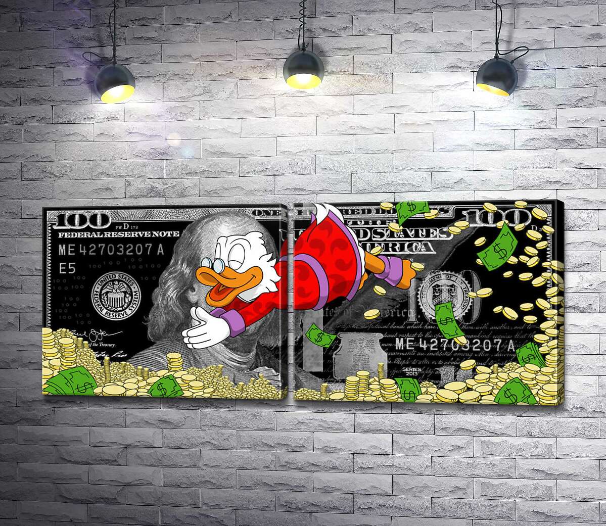 модульная картина Скрудж Макдак ныряет в монеты на фоне 100 долларов