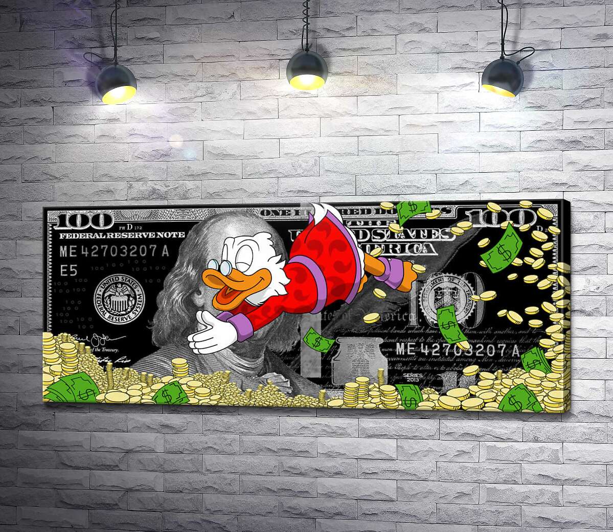 картина Скрудж Макдак ныряет в монеты на фоне 100 долларов