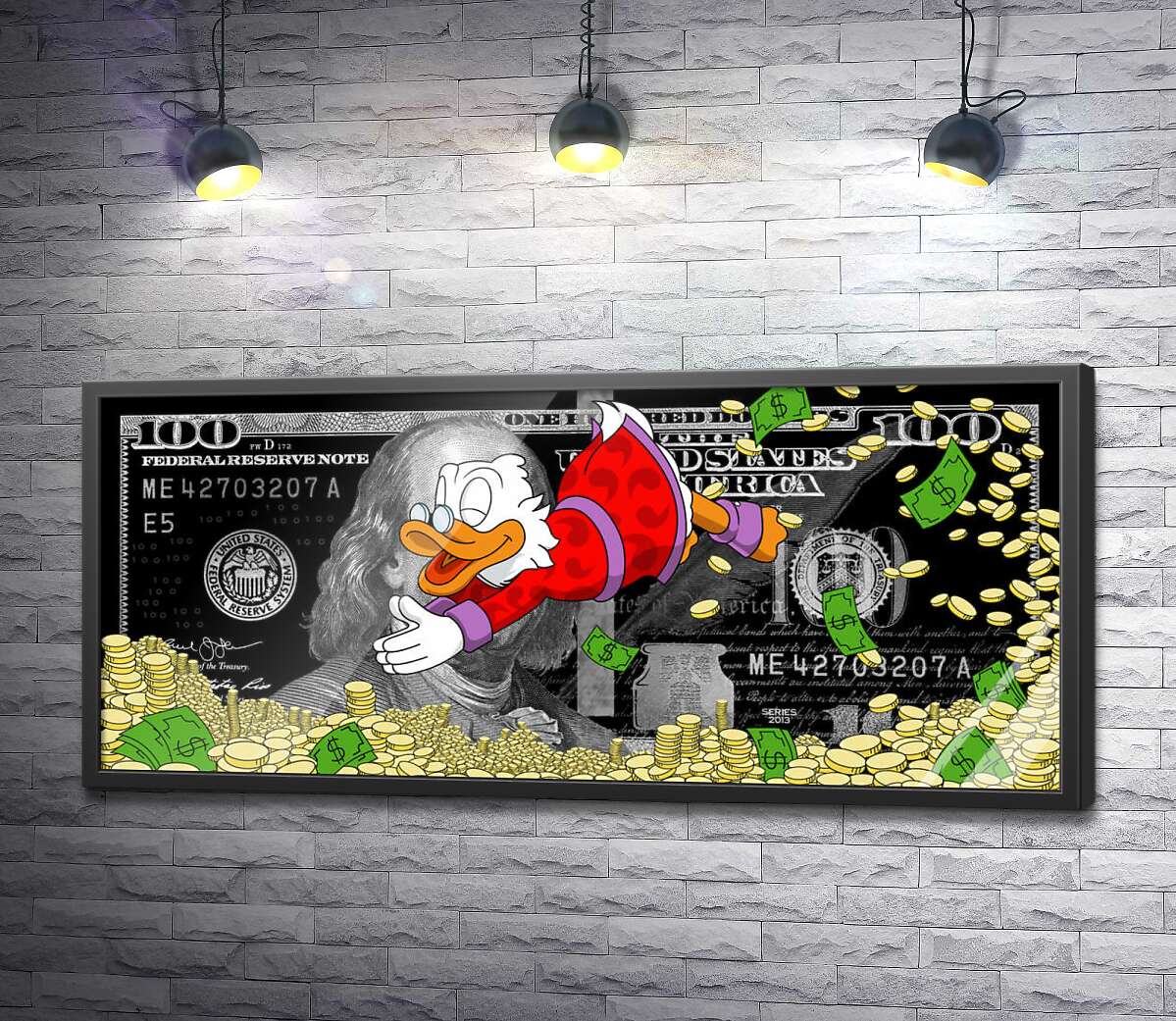 постер Скрудж Макдак ныряет в монеты на фоне 100 долларов