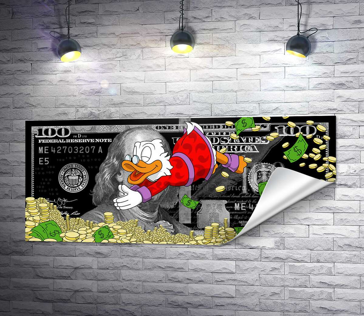 печать Скрудж Макдак ныряет в монеты на фоне 100 долларов