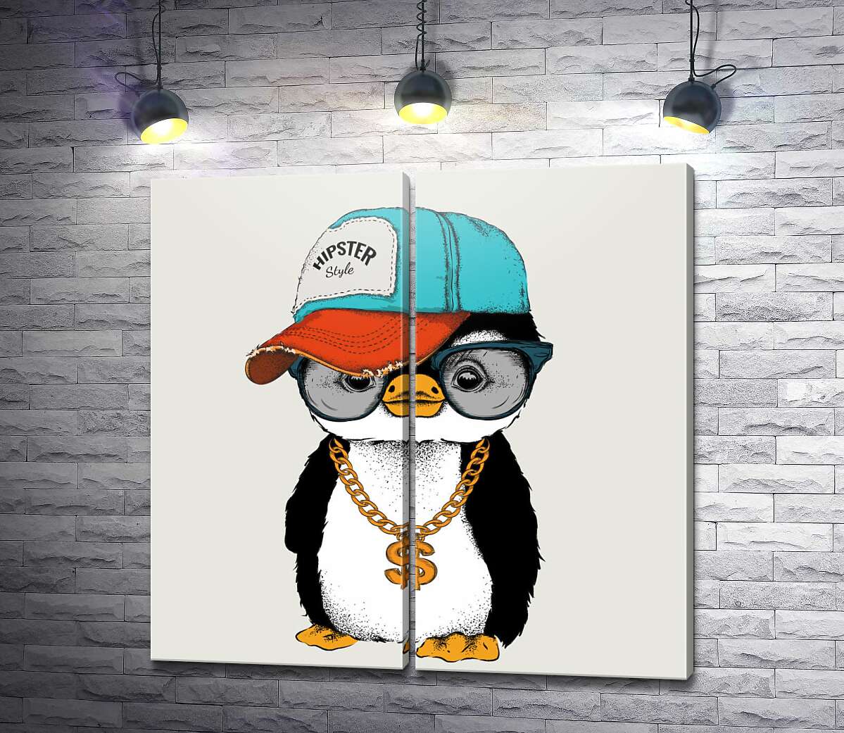 модульная картина Модный пингвин-хипстер в кепке и с цепью