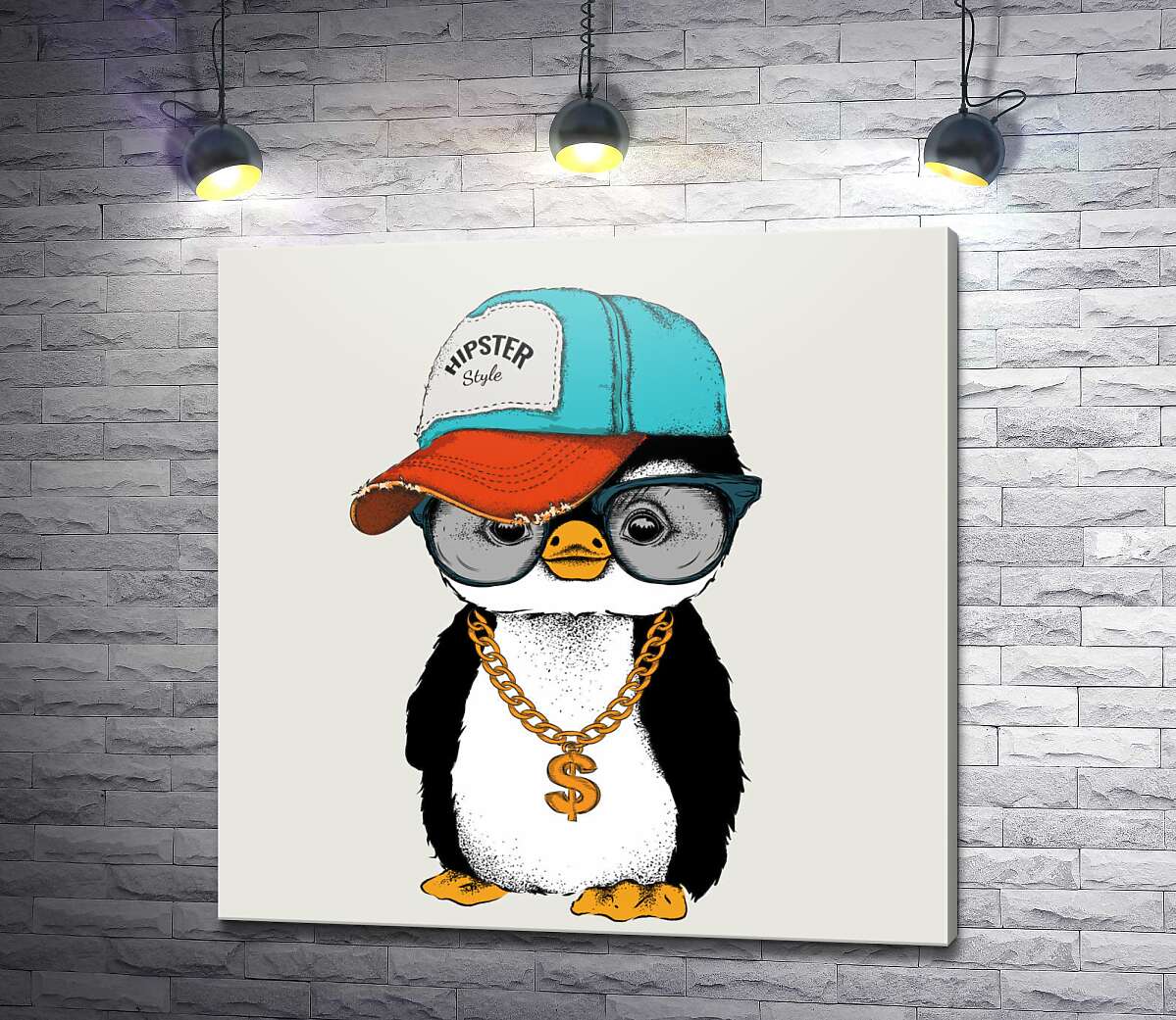 картина Модный пингвин-хипстер в кепке и с цепью