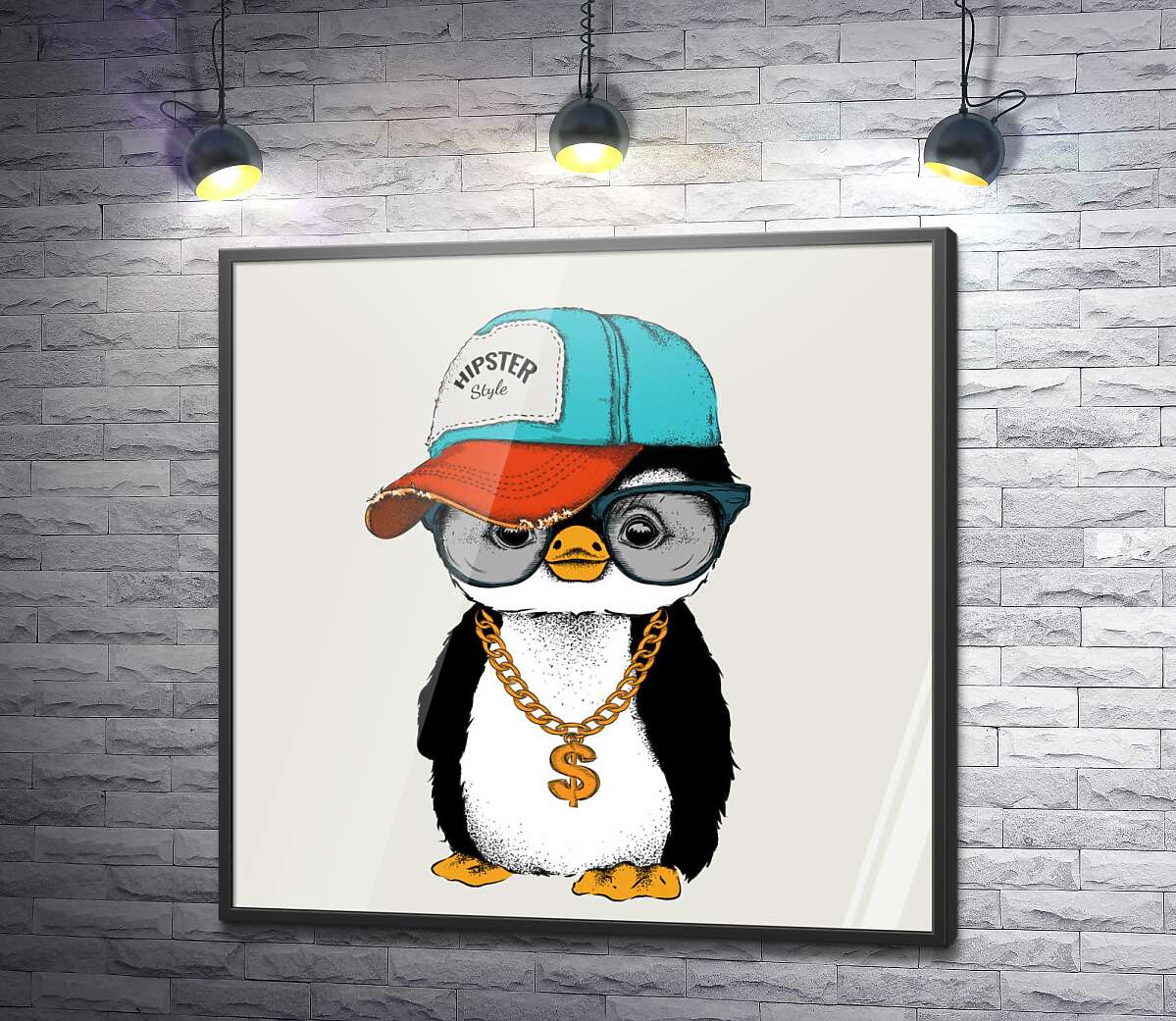 постер Модный пингвин-хипстер в кепке и с цепью