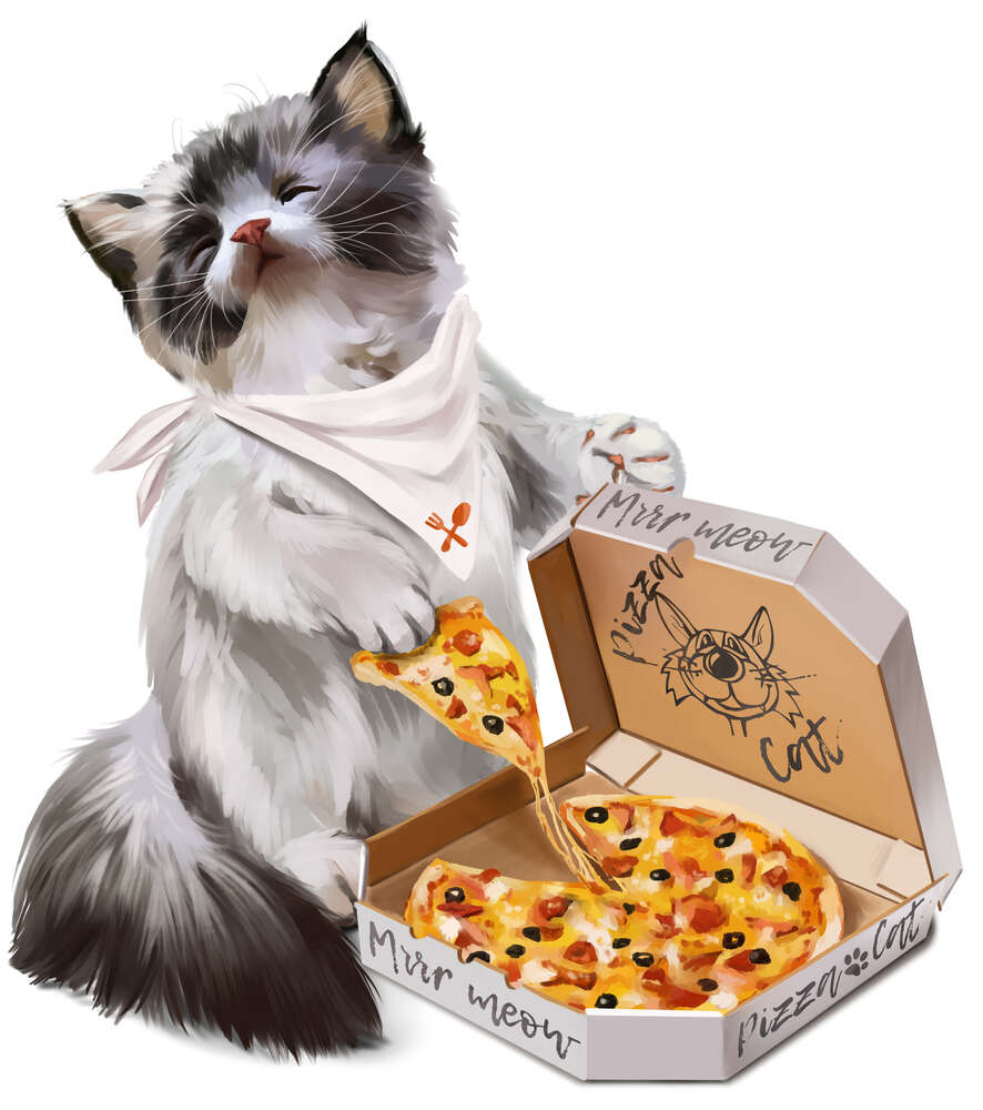 картина-постер Довольный котенок и пицца
