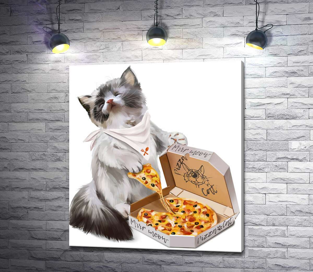 картина Довольный котенок и пицца