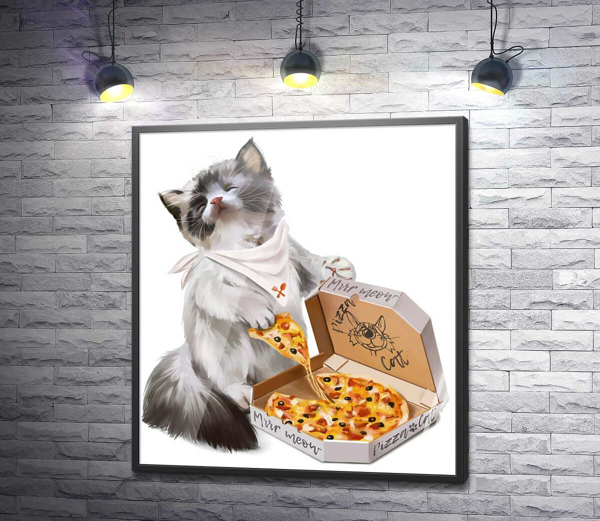 постер Довольный котенок и пицца