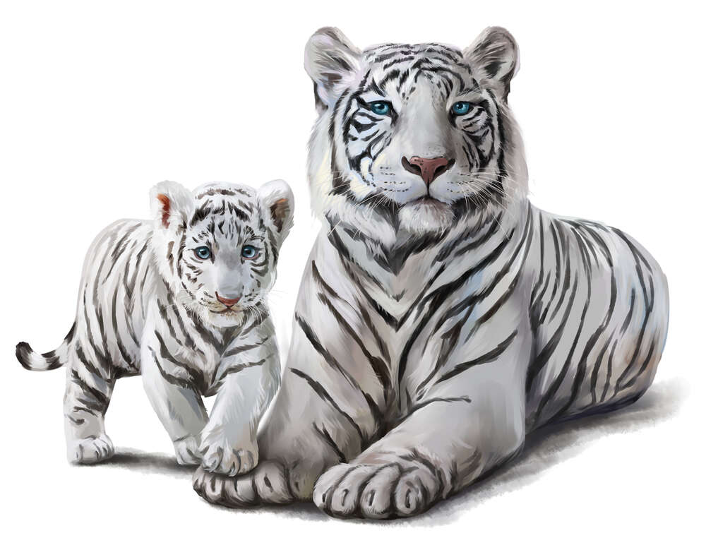 картина-постер Білий тигр з дитинчатою