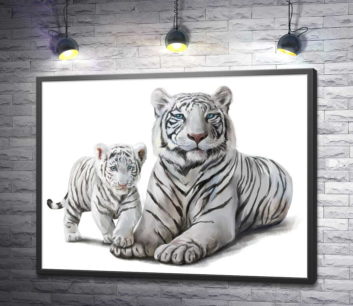 постер Білий тигр з дитинчатою