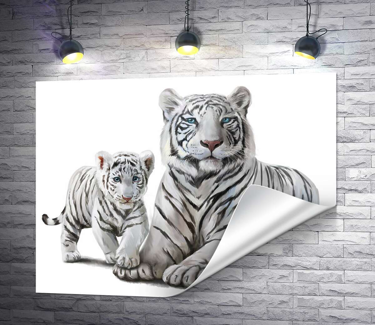 друк Білий тигр з дитинчатою