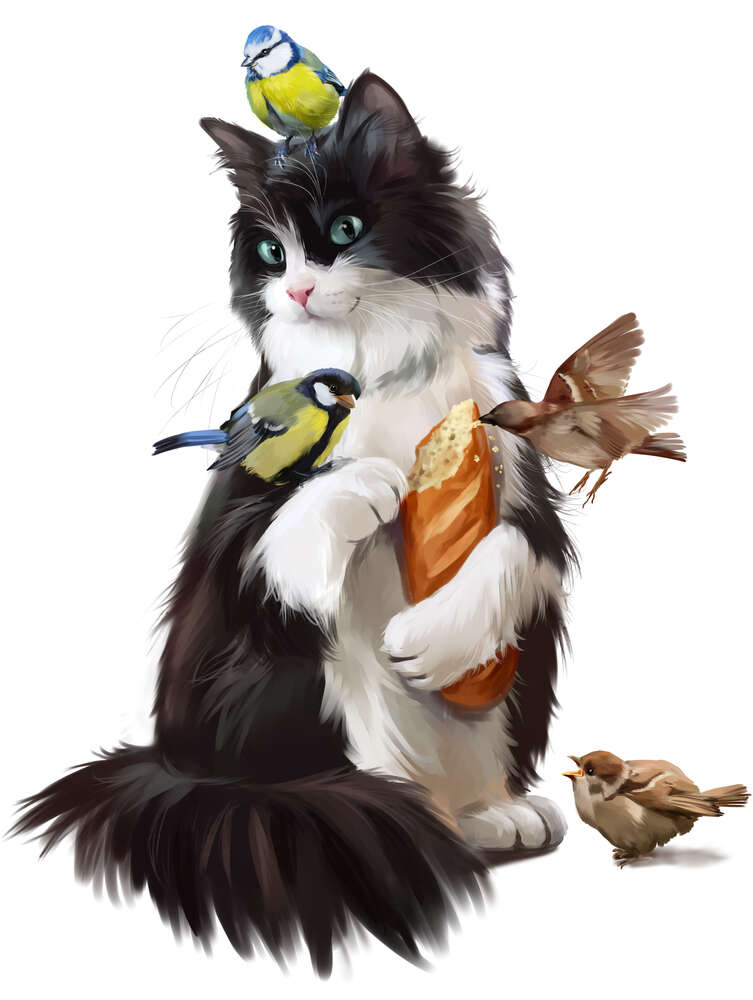 картина-постер Кот кормит птичек