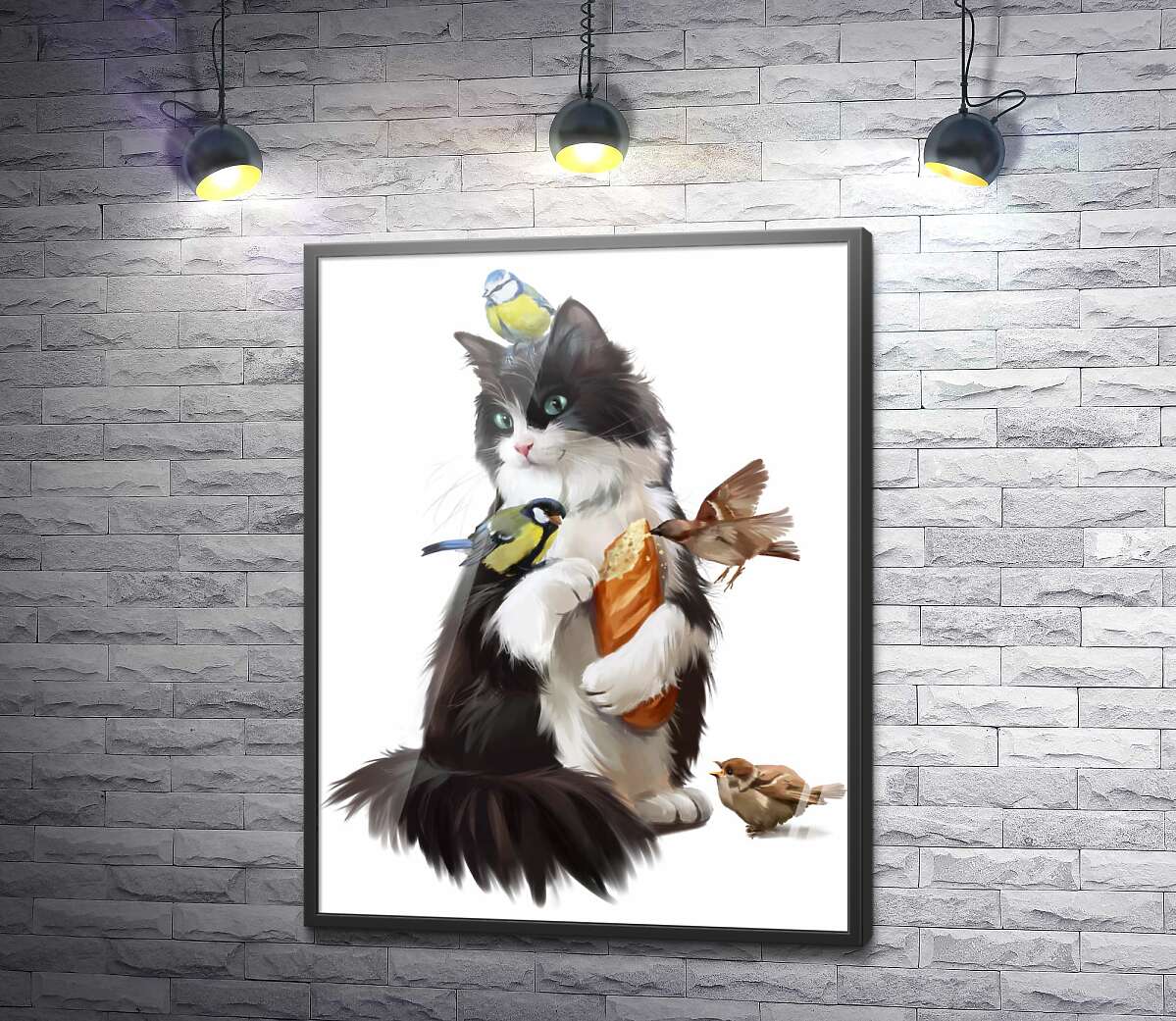 постер Кіт годує пташок
