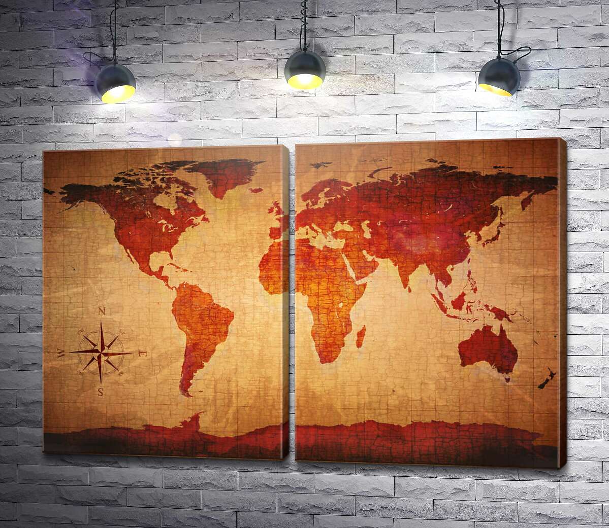модульна картина Стилізована карта світу у темно-червоних тонах