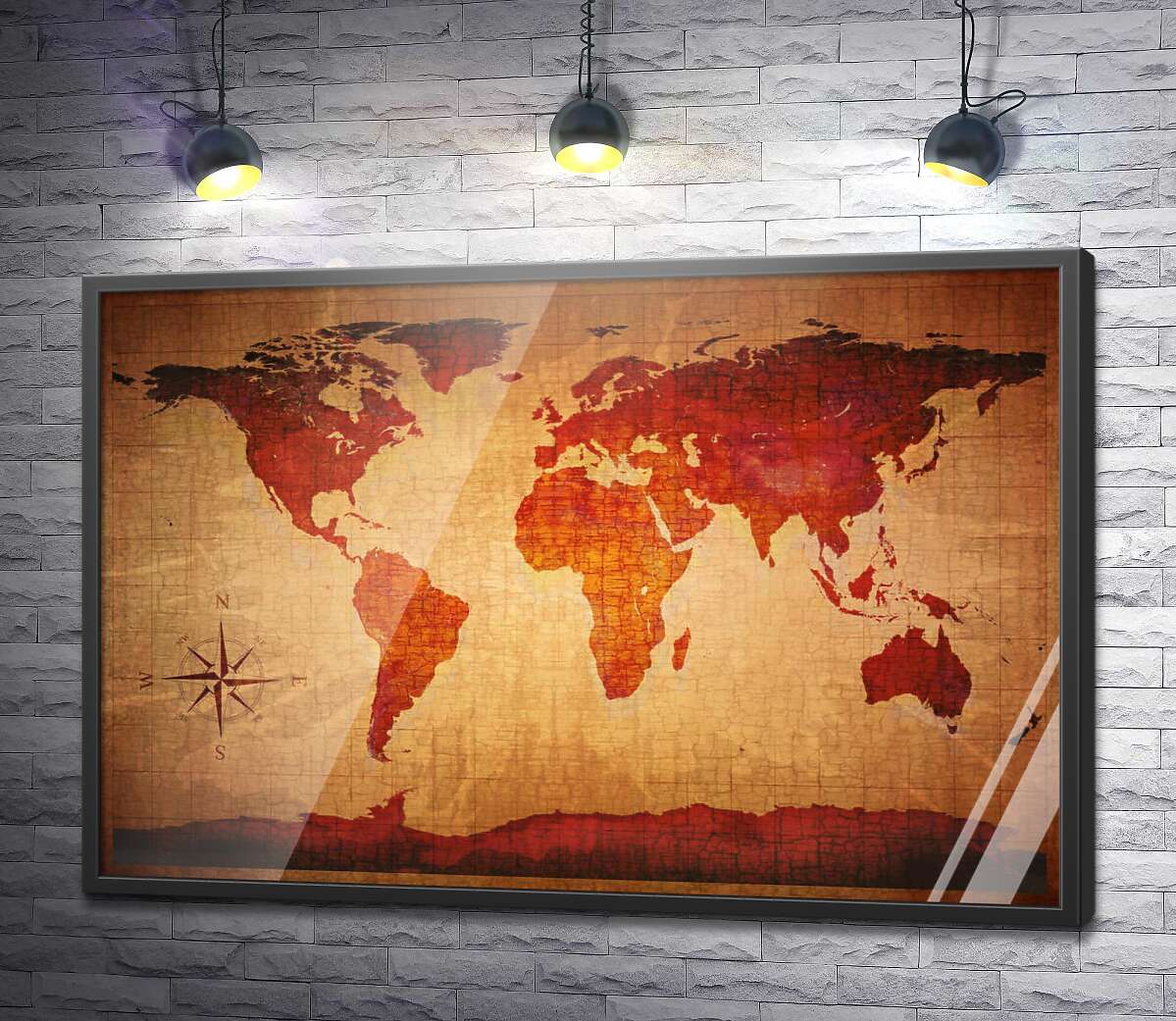 постер Стилизованная карта мира в темно-красных тонах