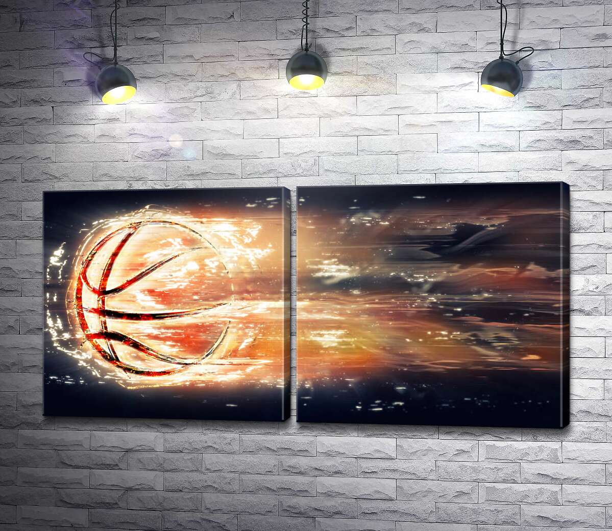 модульная картина Контур баскетбольного мяча в виде огненного шара