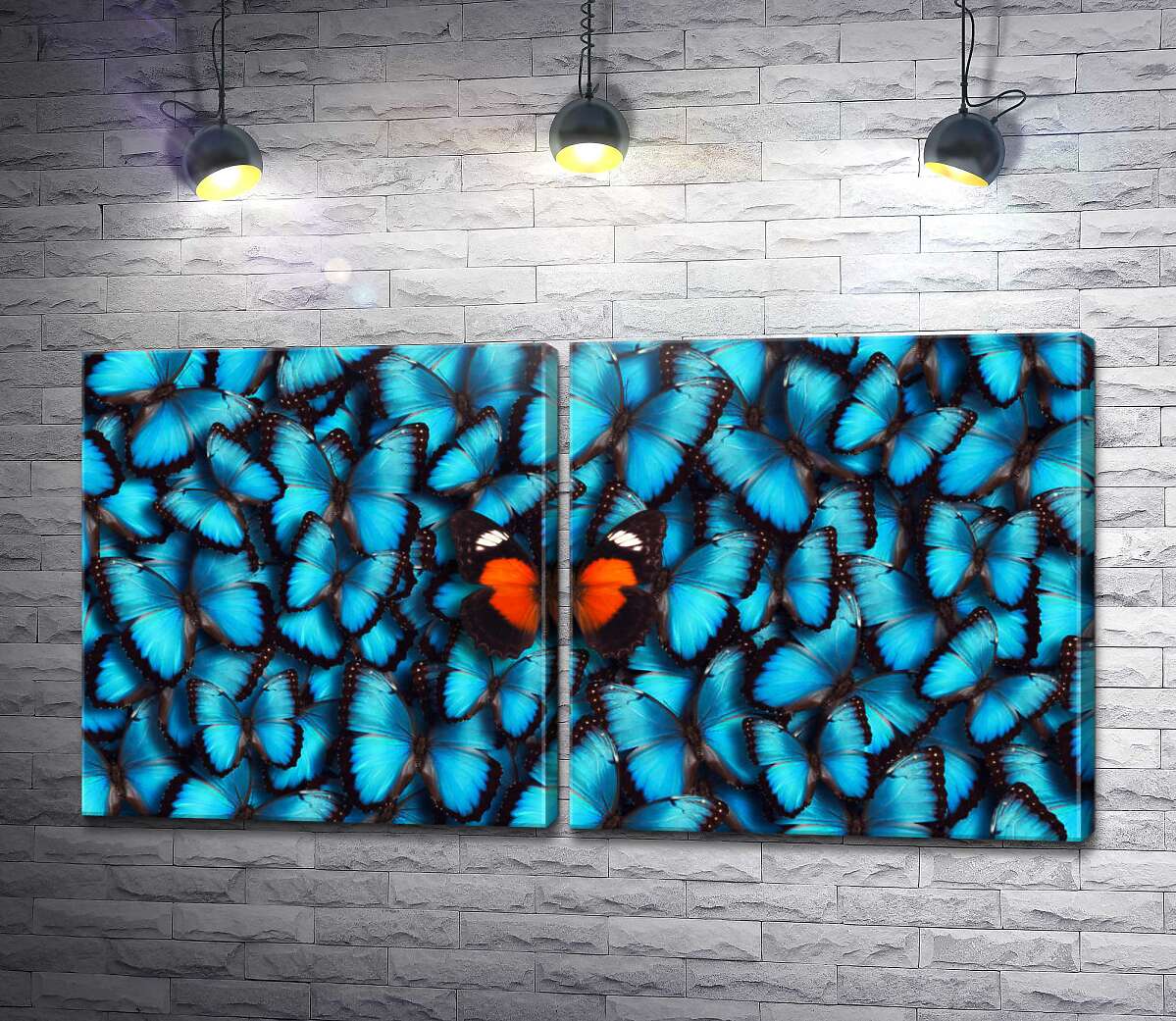 модульна картина Помаранчевий метелик серед безлічі синьо-блакитних