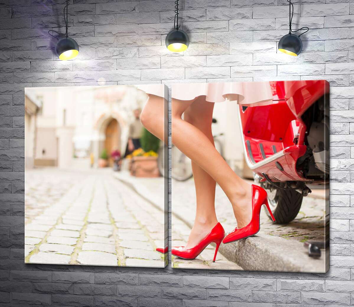 модульная картина Девушка в красных туфлях на уютной улочке