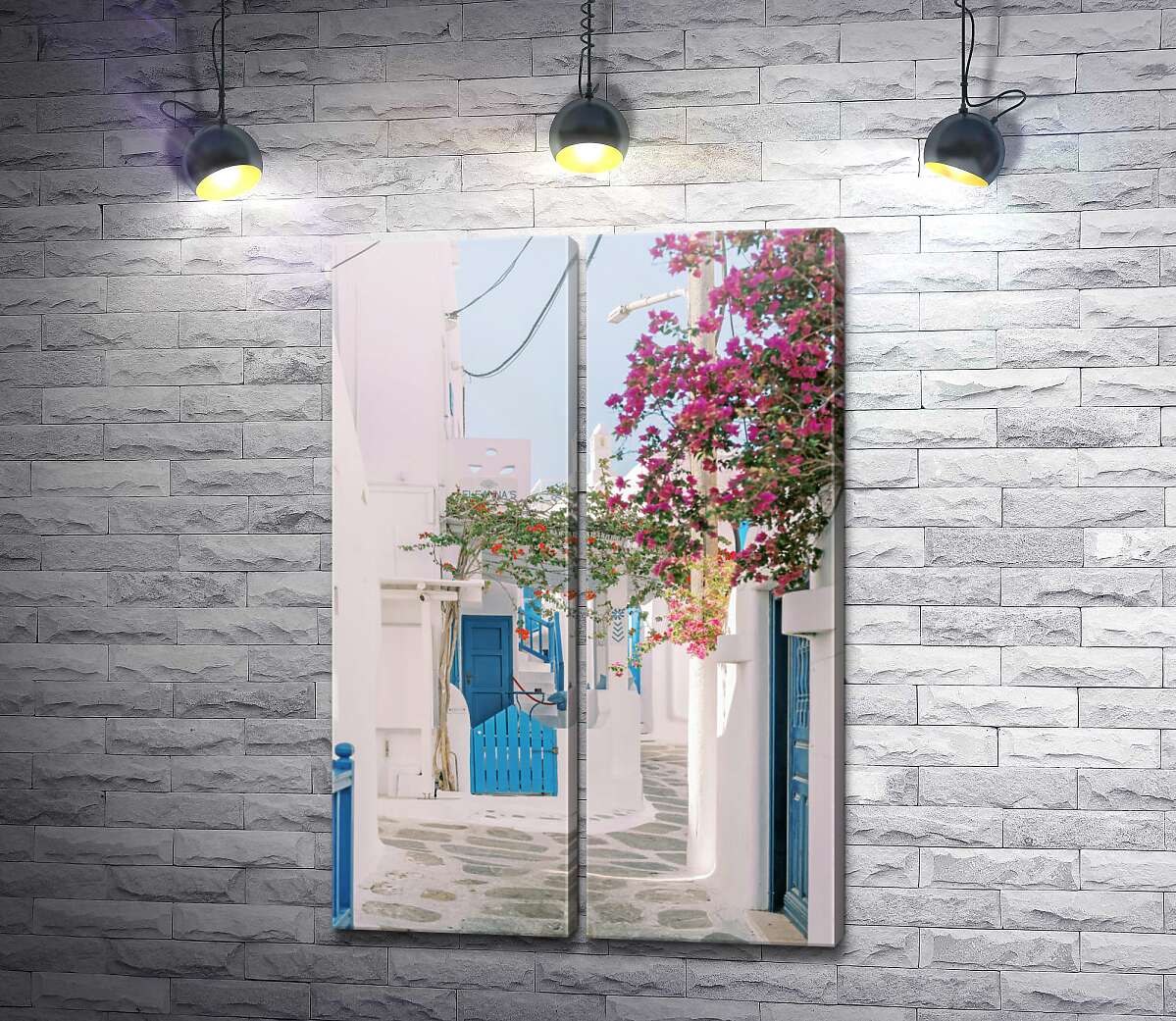 модульная картина Белые уютные греческие улочки с розовыми цветами