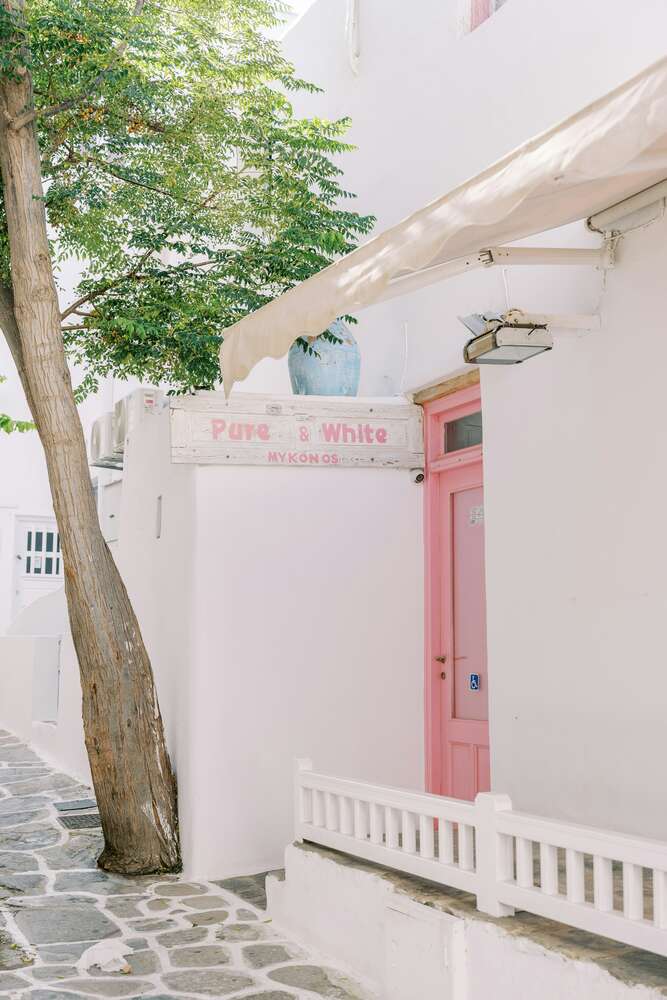 картина-постер Вхід з рожевими дверима та деревом