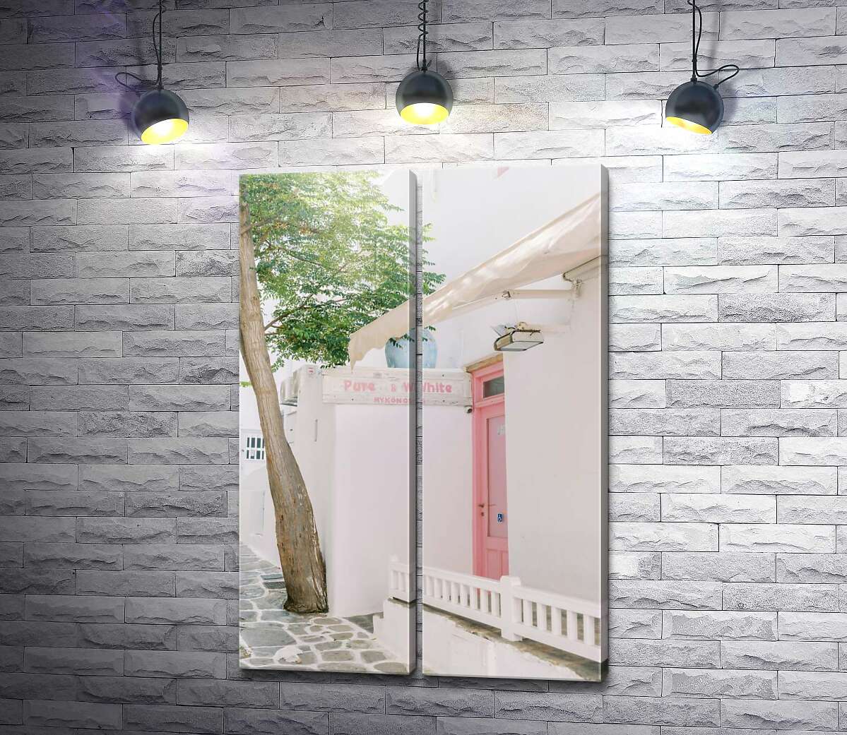 модульна картина Вхід з рожевими дверима та деревом