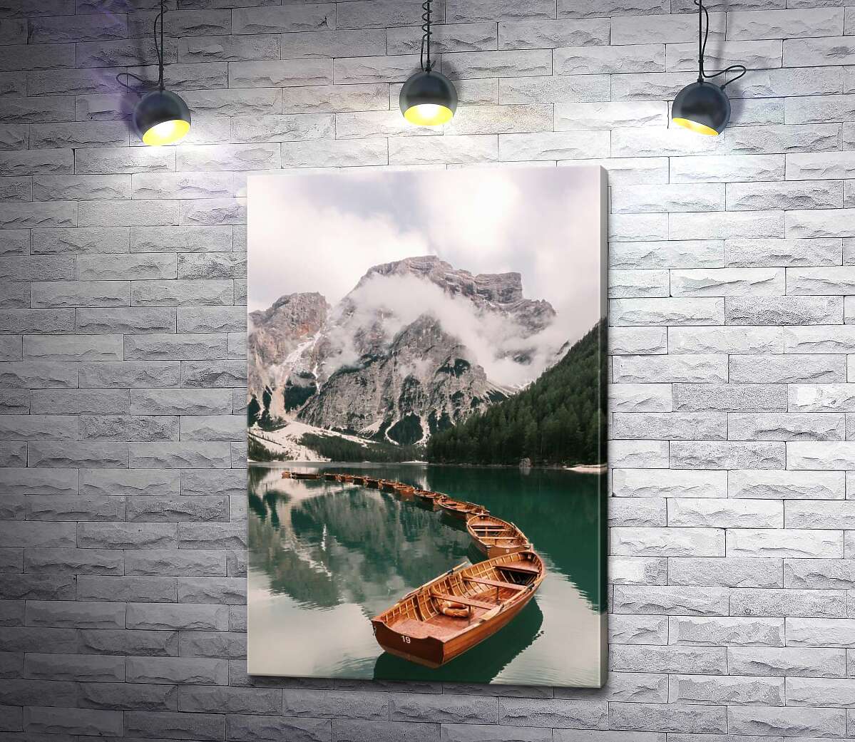 картина Дерев'яні човни вишикувалися в ряд на гірському озері