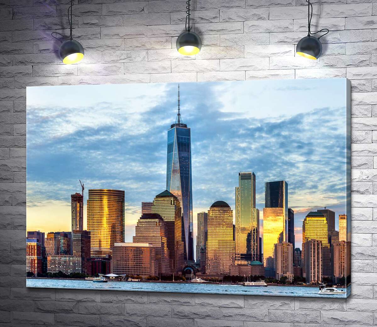 картина Панорама на архитектуру Нью Йорка в золотистых лучах заката
