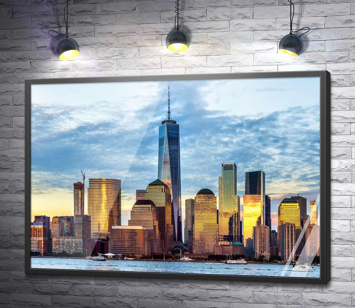 постер Панорама на архитектуру Нью Йорка в золотистых лучах заката