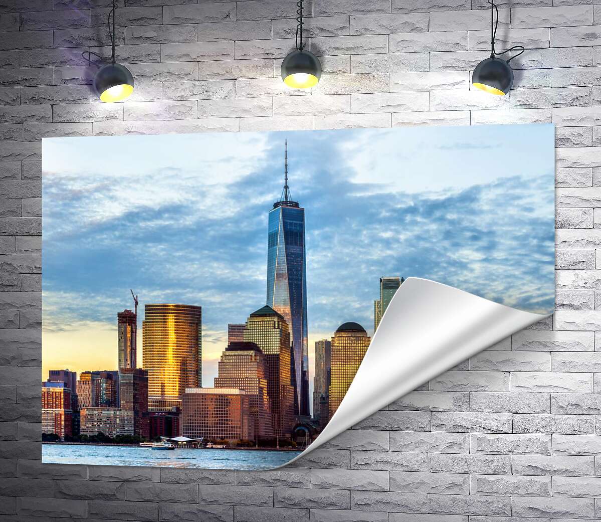 печать Панорама на архитектуру Нью Йорка в золотистых лучах заката