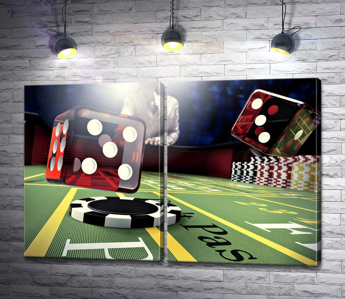 модульная картина Летящие игральные кости по столу в казино
