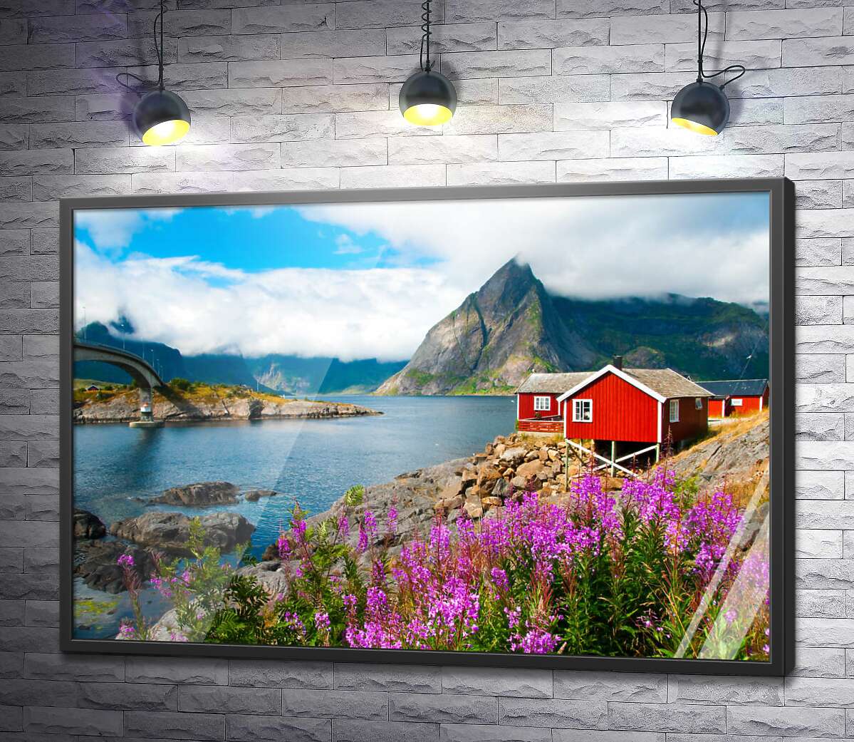 постер Живописный норвежский пейзаж с домиками