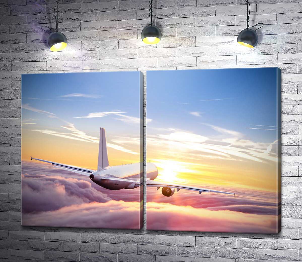 модульна картина Літак, що летить назустріч заходу сонця