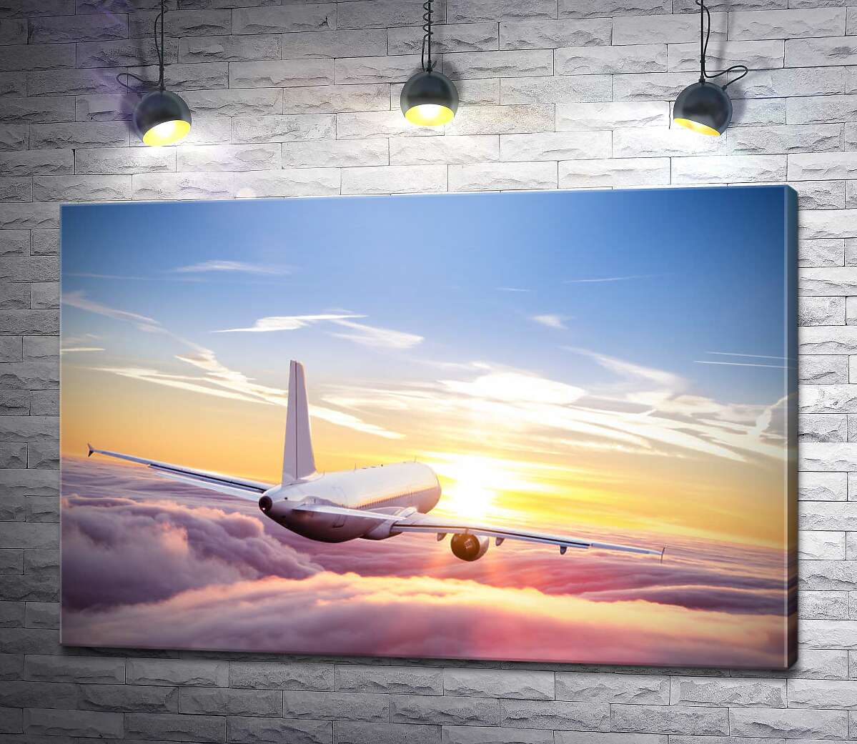 картина Літак, що летить назустріч заходу сонця
