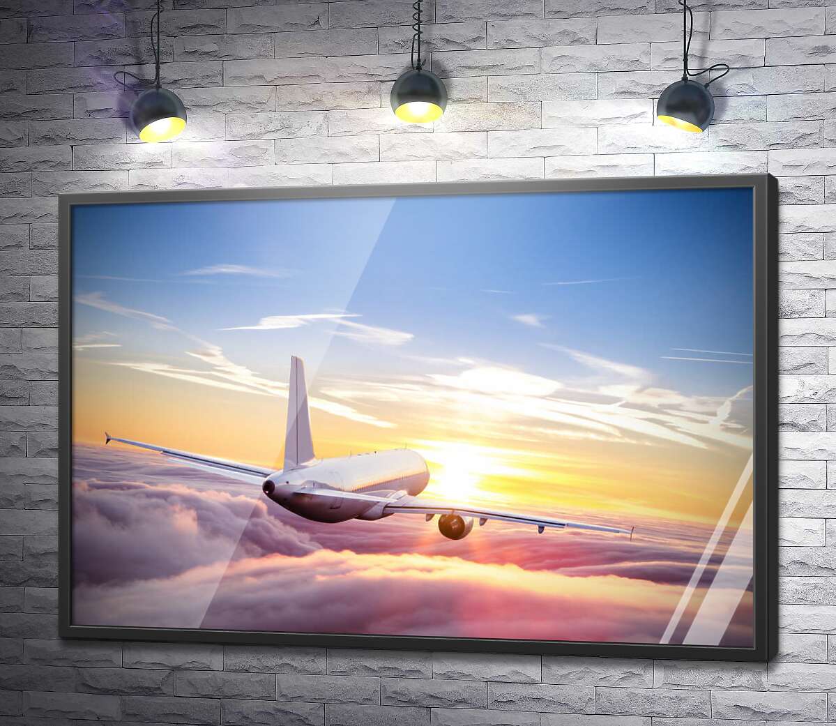 постер Літак, що летить назустріч заходу сонця