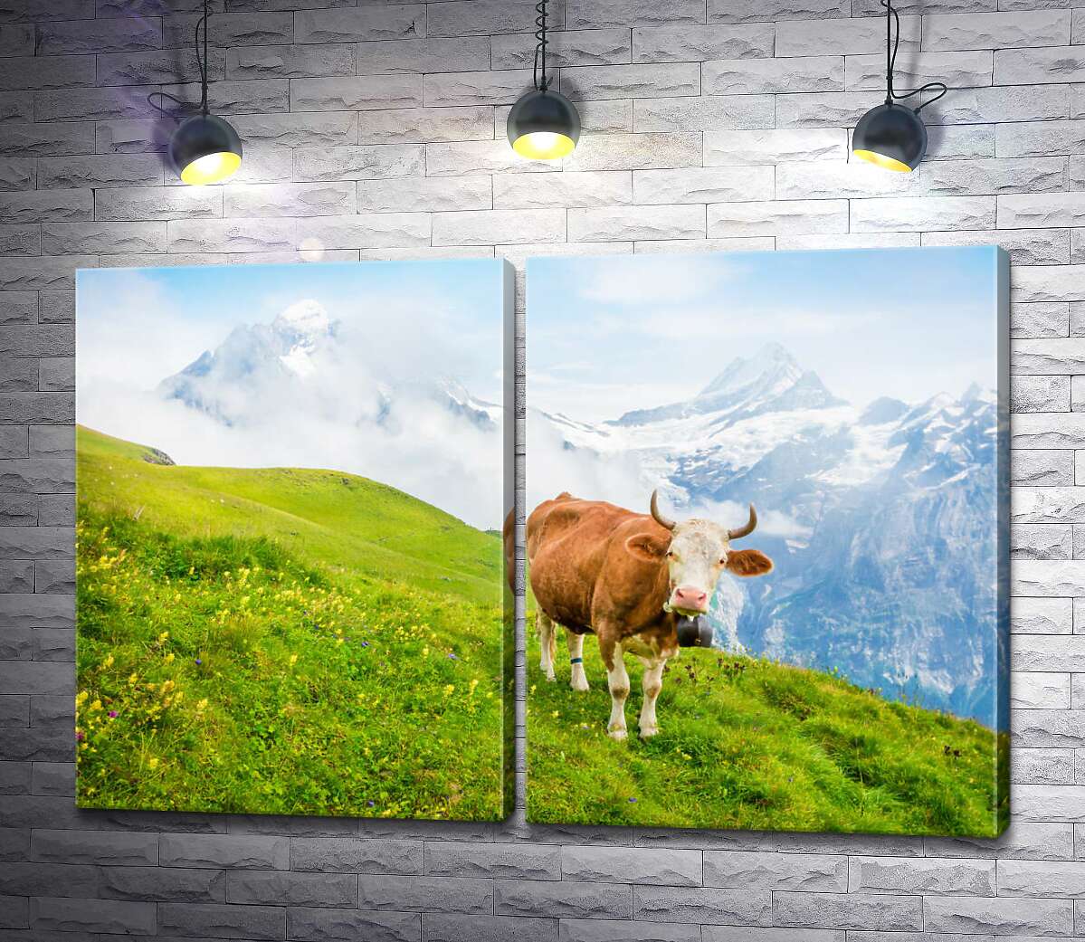 модульная картина Корова на сочно-зеленом лугу на фоне гор