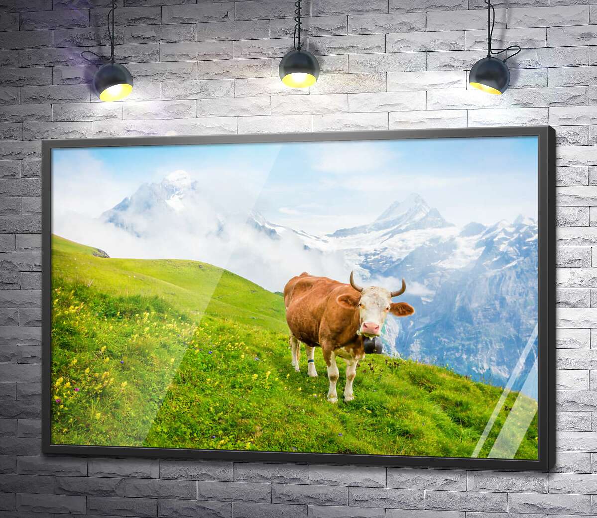 постер Корова на соковито-зеленому лузі на тлі гір