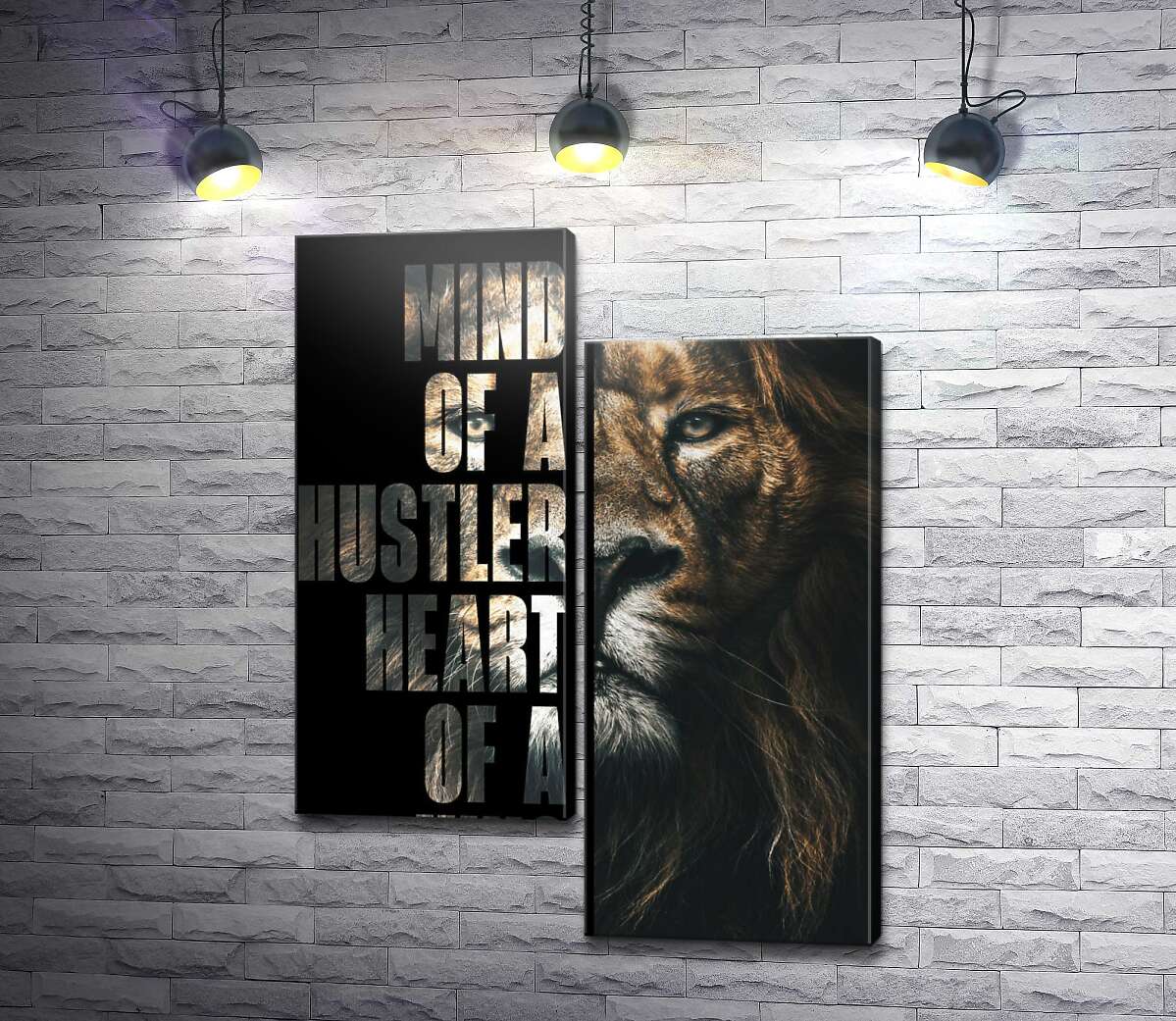 модульна картина Лев і напис "Mind of a hustler, heart of a king" (Модуль №9)