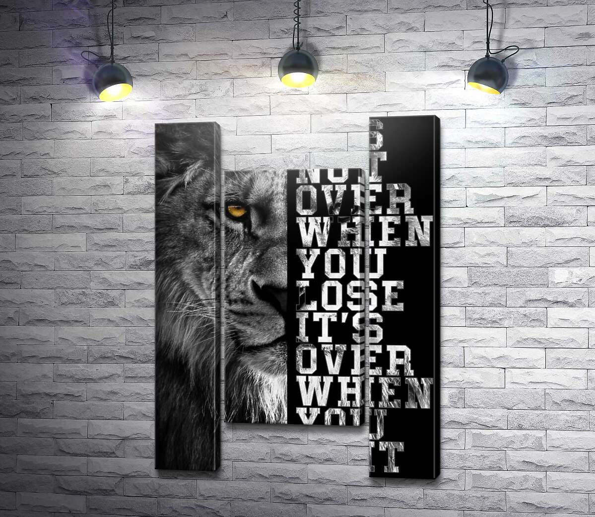 модульна картина Лев і напис "It's not over when you lose, it's over when you quit" (Модуль №11)