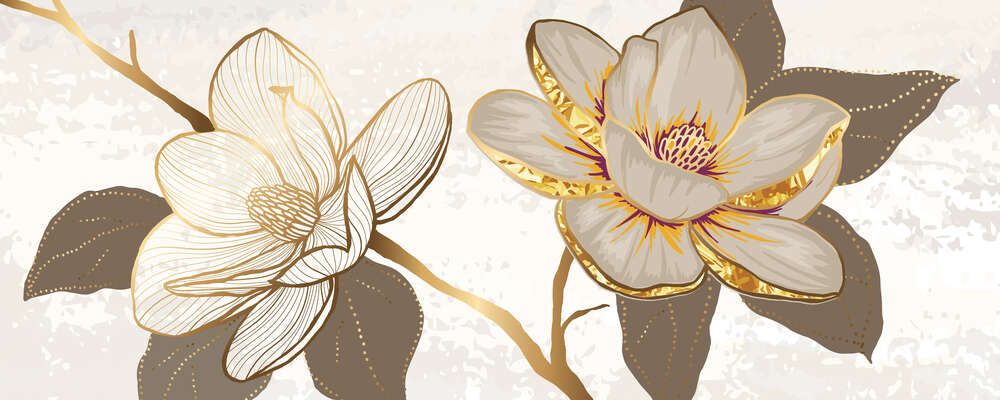 картина-постер Раскрытые бутоны цветов в бежево-золотистом стиле