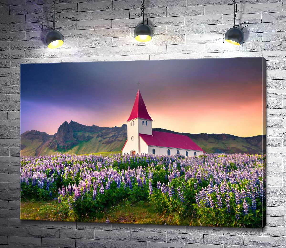 картина Церквушка в лавандовом поле на закате