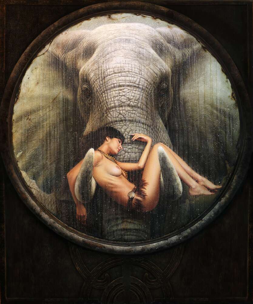 картина-постер Обнаженная девушка на бивнях слона